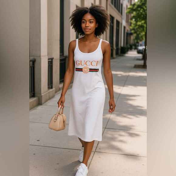 White Designer- Purple T-Shirt Dress with Iconic Stripe Detail - Picture 2 of 4